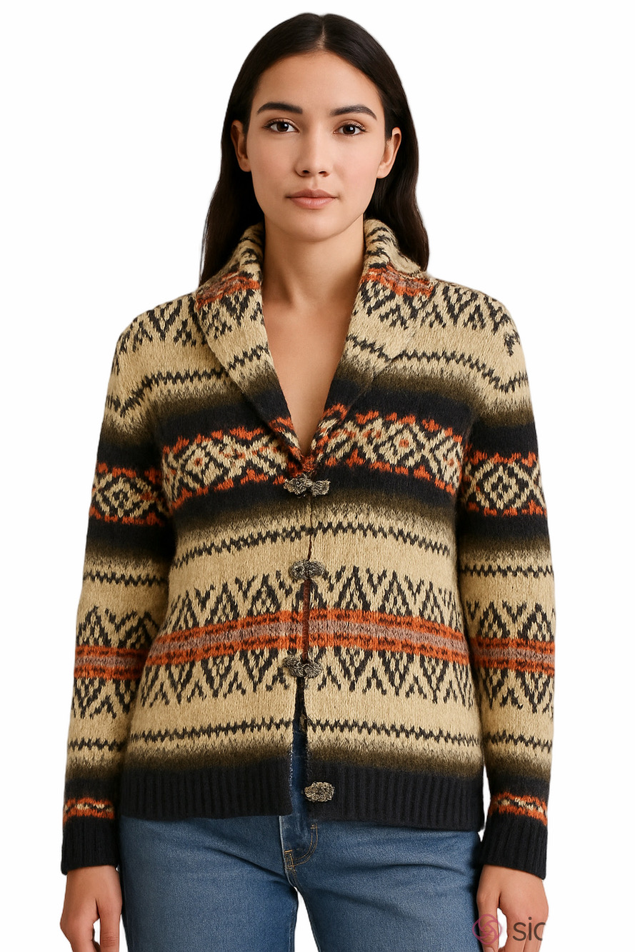 VINTAGE Susan Bristol MEDIUM Cream Fair Isle Metal Clips 💯 WOOL Shawl Cardigan